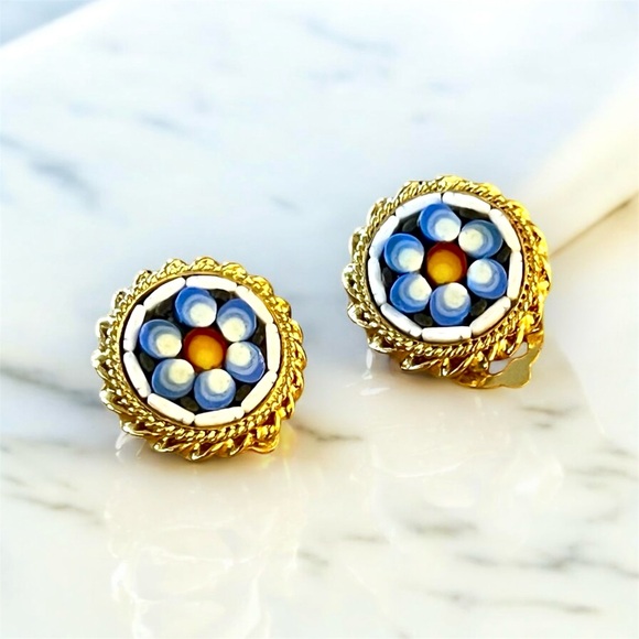 Vintage Mid-20th Century Italian Millefiori Mosaic Earrings - Picture 2 of 4